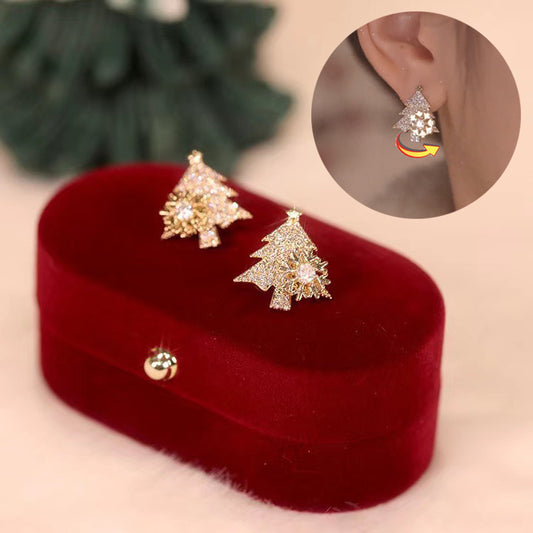 Rotatable Christmas Tree Earrings Shiny Rhinestone Snowflake Stud Earring New Year Xmas Festival Ear Jewelry Gifts Autumn And Winter