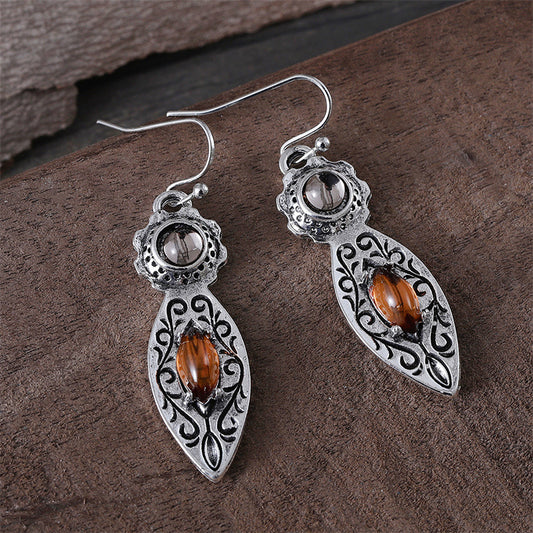 European And American New Retro Pattern Two-tone Gemstone Earrings