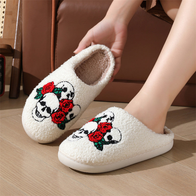 Halloween Skull Rose Slippers Winter Warm Indoor Floor Bedroom Home Slipper For Women