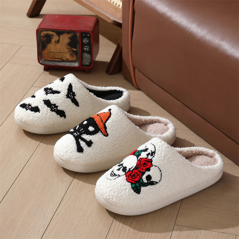 Halloween Skull Rose Slippers Winter Warm Indoor Floor Bedroom Home Slipper For Women