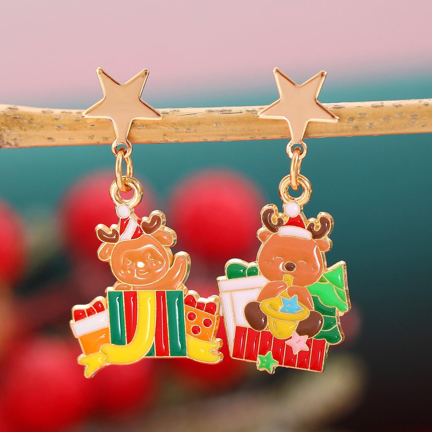 Fashionable Asymmetric Cartoon Dripping Oil Christmas Elk Earrings