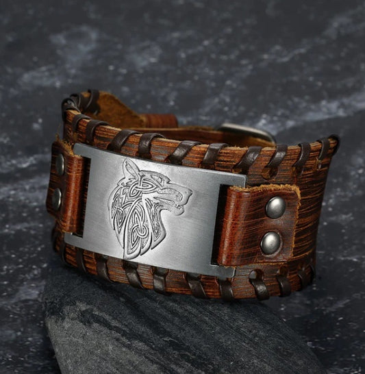 Asgard Crafted Leather Buckle Arm Cuff With Fenrir Design