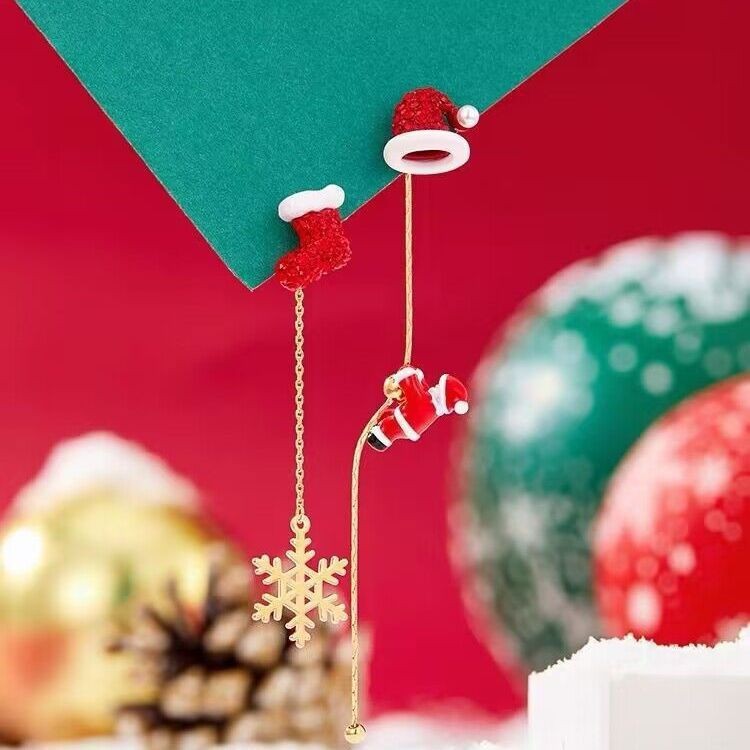 Ins Fashion Xmas Earrings Moving Santa Claus Long Tassel Earrings For Women Christmas Tree Snowflake Asymmetric Drop Earring